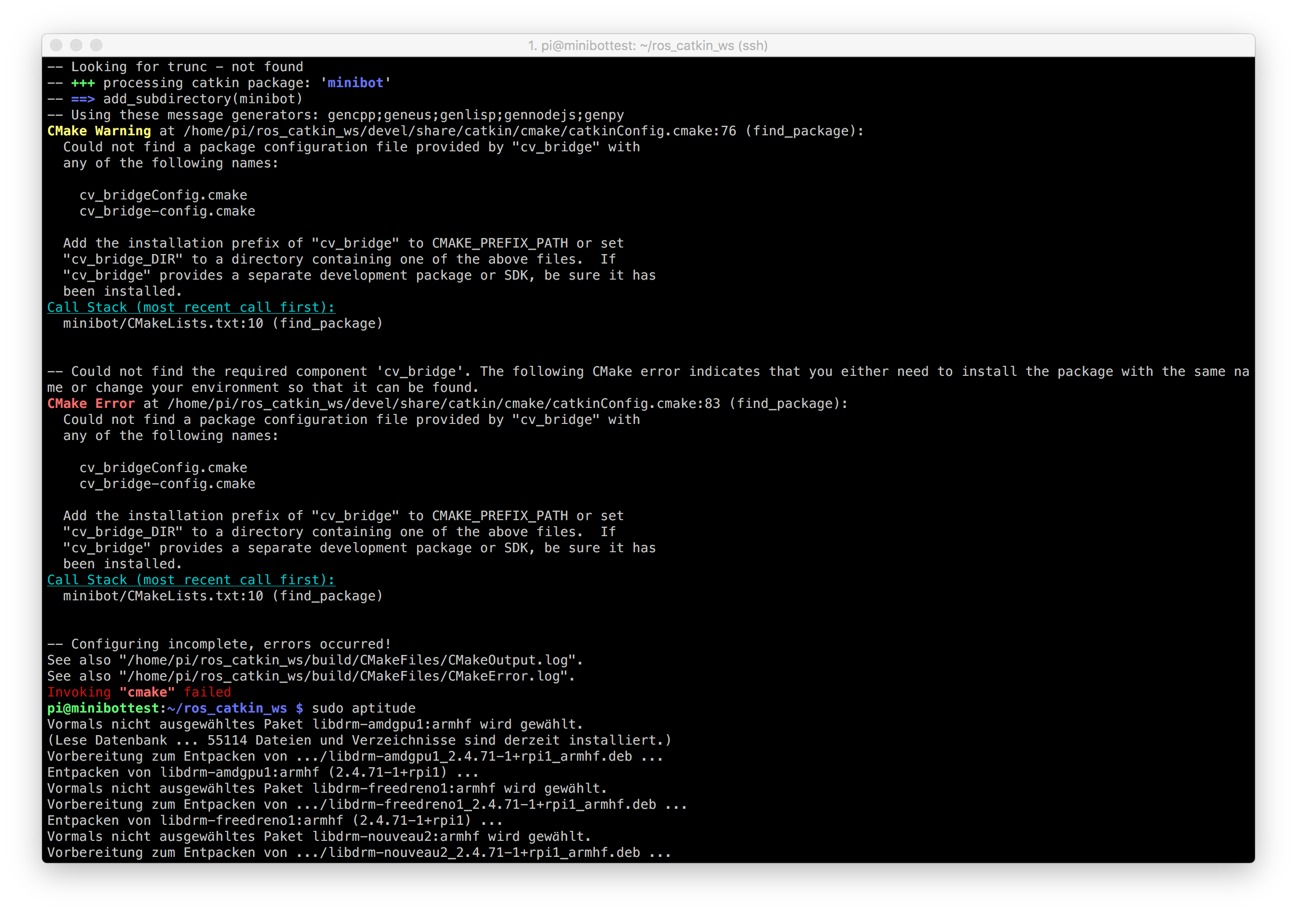 ROS - CMake Error Could not find package nach manueller Installation auf dem Raspberry Pi